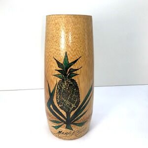 Martinique Bamboo Cup Vase Planter 8.5" Tropical Island Pineapple Tiki Art Decor